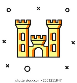 Filled outline Castle icon isolated on white background. Medieval fortress with a tower. Protection from enemies. Reliability and defense of the city. Flat filled outline style with shadow. Vector