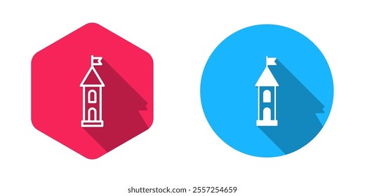 Filled and outline Castle tower icon isolated with long shadow background. Fortress sign.  Vector