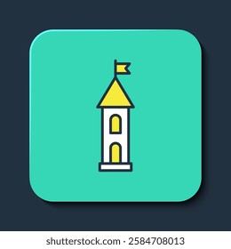 Filled outline Castle tower icon isolated on blue background. Fortress sign. Turquoise square button. Vector