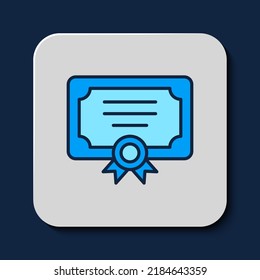 Icono de plantilla de certificado de esquema rellenado aislado en fondo azul. Logro, premio, título, subvención, diploma.  Vector