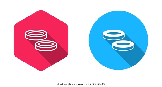 Filled and outline Checker game chips icon isolated with long shadow background.  Vector