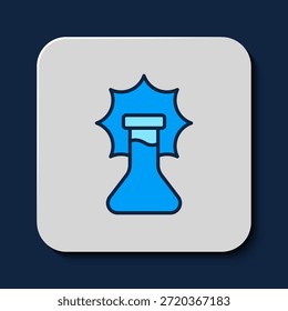 Experimento químico, explosión en el icono del frasco aislado en el fondo azul. Explosión química en un tubo de ensayo.  Vector