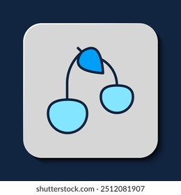Filled outline Cherry icon isolated on blue background. Fruit with leaf symbol.  Vector