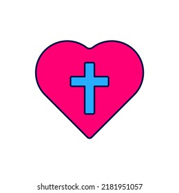 Filled outline Christian cross in heart icon isolated on white background. Happy Easter.  Vector