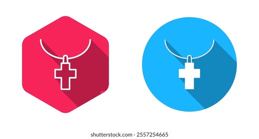 Filled and outline Christian cross on chain icon isolated with long shadow background. Church cross.  Vector