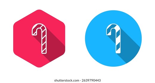 Filled and outline Christmas candy cane with stripes icon isolated with long shadow background. Merry Christmas and Happy New Year.  Vector