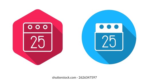 Filled and outline Christmas day calendar icon isolated with long shadow background. Event reminder symbol. Merry Christmas and Happy New Year.  Vector