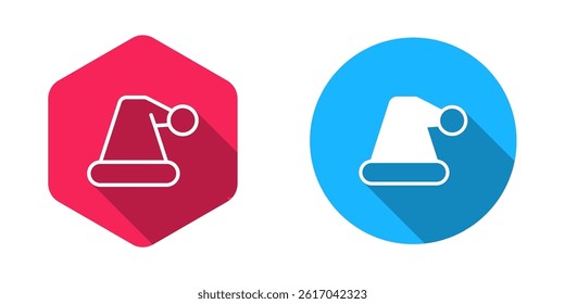 Filled and outline Christmas Santa Claus hat icon isolated with long shadow background. Merry Christmas and Happy New Year.  Vector