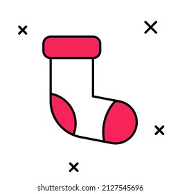 Filled outline Christmas stocking icon isolated on white background. Merry Christmas and Happy New Year.  Vector
