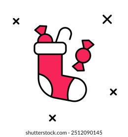 Contorno preenchido Natal ícone de meia isolado no fundo branco. Feliz Natal e Feliz Ano Novo.  Vetor