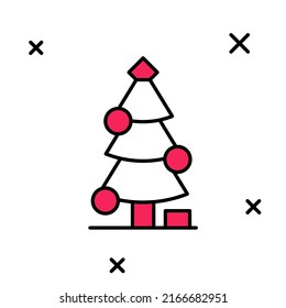 Filled outline Christmas tree with decorations icon isolated on white background. Merry Christmas and Happy New Year.  Vector