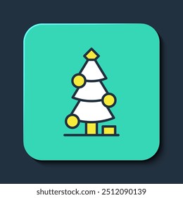 Filled outline Christmas tree with decorations icon isolated on blue background. Merry Christmas and Happy New Year. Turquoise square button. Vector
