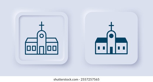 Filled and outline Church building icon isolated on grey background. Christian Church. Religion of church. Square button. Vector