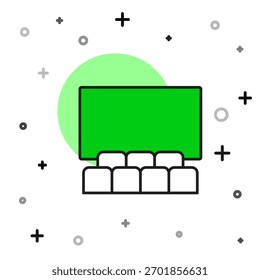 Esquema lleno Auditorio de cine con icono de pantalla aislado sobre fondo blanco.  Vector