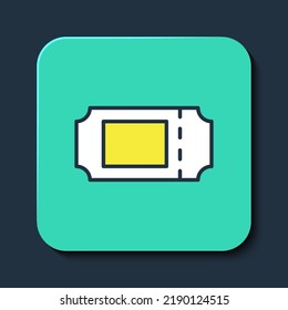 Filled outline Cinema ticket icon isolated on blue background. Turquoise square button. Vector