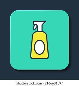 Filled outline Cleaning spray bottle with detergent liquid icon isolated on blue background. Turquoise square button. Vector