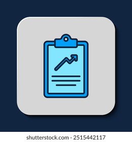 Filled outline Clipboard with graph chart icon isolated on blue background. Report text file icon. Accounting sign. Audit, analysis, planning.  Vector