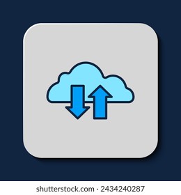 Gefüllte Gliederung Cloud Download und Upload-Symbol isoliert auf blauem Hintergrund.  Vektor