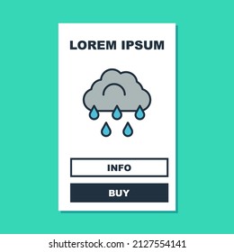 Nube de contorno rellena con icono de lluvia aislado en fondo turquesa. Precipitación de nubes de lluvia con caídas de lluvia.  Vector