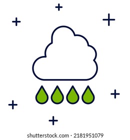 Nube de esquema rellenada con icono de lluvia aislado en fondo blanco. Precipitación de nubes de lluvia con caídas de lluvia.  Vector