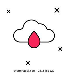 Nube con el icono de la lluvia aislado en el fondo blanco. Precipitación de nubes de lluvia con gotas de lluvia.  Vector