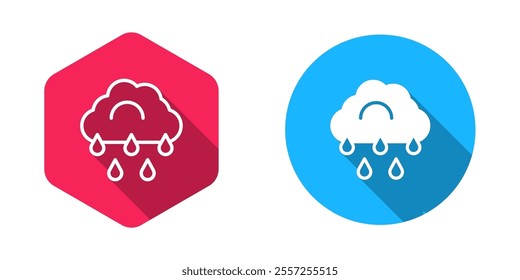 Filled and outline Cloud with rain icon isolated with long shadow background. Rain cloud precipitation with rain drops.  Vector