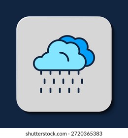 Gefüllte Kontur Wolke mit Regensymbol einzeln auf blauem Hintergrund. Regenwolken-Niederschlag mit Regentropfen.  Vektorgrafik