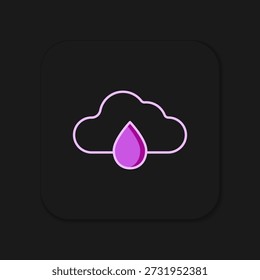 Nube con el icono de la lluvia aislado en el fondo negro. Precipitación de nubes de lluvia con gotas de lluvia. Estilo de contorno relleno plano con sombra. Vector