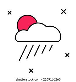 Filled outline Cloud with rain and sun icon isolated on white background. Rain cloud precipitation with rain drops.  Vector