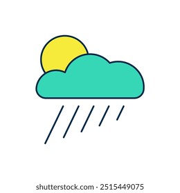 Nube con la lluvia y el icono del sol aislados en el fondo blanco. Precipitación de nubes de lluvia con gotas de lluvia.  Vector