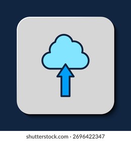 Gefüllte Kontur Symbol für Cloud-Upload einzeln auf blauem Hintergrund.  Vektorgrafik