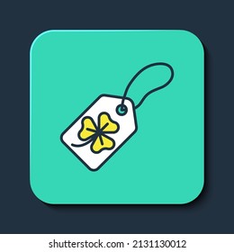 Filled outline Clover trefoil leaf with tag icon isolated on blue background. Happy Saint Patricks day. National Irish holiday. Turquoise square button. Vector