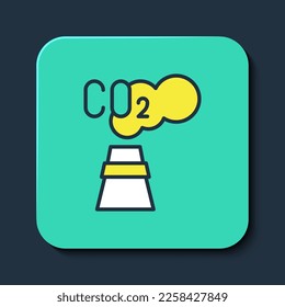Filled outline CO2 emissions in cloud icon isolated on blue background. Carbon dioxide formula, smog pollution concept, environment concept. Turquoise square button. Vector