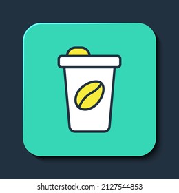 Filled outline Coffee cup to go icon isolated on blue background. Turquoise square button. Vector