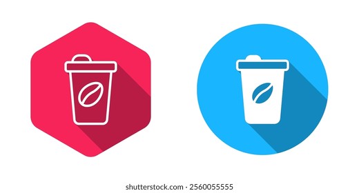 Filled and outline Coffee cup to go icon isolated with long shadow background.  Vector