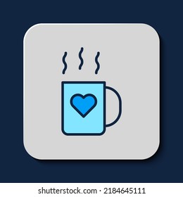 Filled outline Coffee cup and heart icon isolated on blue background. Couple coffee for lovers on Valentines Day.  Vector