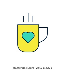 Filled outline Coffee cup and heart icon isolated on white background. Couple coffee for lovers on Valentines Day.  Vector