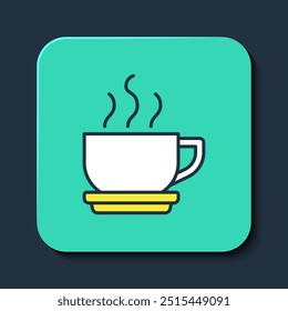 Filled outline Coffee cup icon isolated on blue background. Tea cup. Hot drink coffee. Turquoise square button. Vector