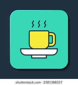 Filled outline Coffee cup icon isolated on blue background. Tea cup. Hot drink coffee. Turquoise square button. Vector