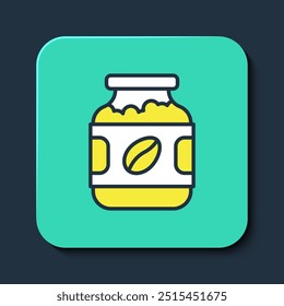 Filled outline Coffee jar bottle icon isolated on blue background. Turquoise square button. Vector