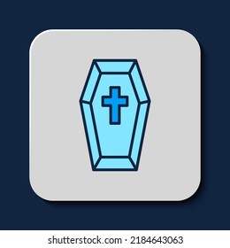 Filled outline Coffin with christian cross icon isolated on blue background. Happy Halloween party.  Vector