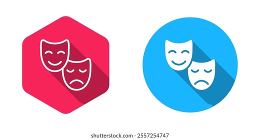 Filled and outline Comedy and tragedy theatrical masks icon isolated with long shadow background.  Vector