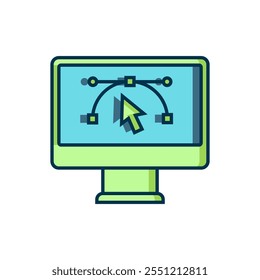 Gefüllte Kontur Computeranzeige mit Vektordesign-Programmsymbol einzeln auf weißem Hintergrund. Foto-Editor-Software mit Benutzeroberfläche. Flach ausgefüllter Umrissstil mit Schatten. Vektorgrafik