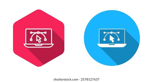 Filled and outline Computer display with vector design program icon isolated on isolated with long shadow background. Photo editor software with user interface.  Vector