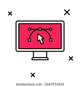 Filled outline Computer display with vector design program icon isolated on isolated on white background. Photo editor software with user interface.  Vector