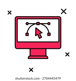 Contorno preenchido Exibição de computador com ícone de programa de design vetorial isolado em fundo branco. Software editor de fotos com interface de usuário.  Vetor