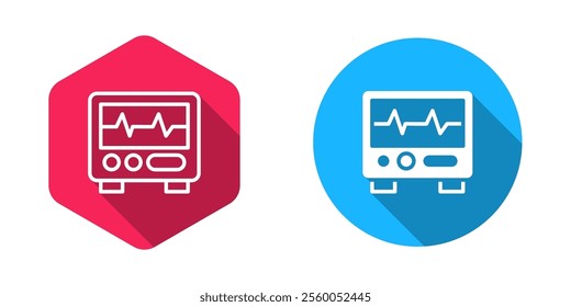 Filled and outline Computer monitor with cardiogram icon isolated with long shadow background. Monitoring icon. ECG monitor with heart beat hand drawn.  Vector