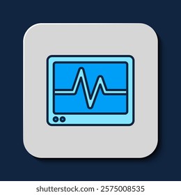 Filled outline Computer monitor with cardiogram icon isolated on blue background. Monitoring icon. ECG monitor with heart beat hand drawn.  Vector