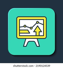 Filled outline Computer monitor with graph chart icon isolated on blue background. Report text file icon. Accounting sign. Audit, analysis, planning. Turquoise square button. Vector