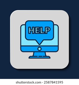 Filled outline Computer monitor and help icon isolated on blue background. Adjusting, service, setting, maintenance, repair, fixing.  Vector